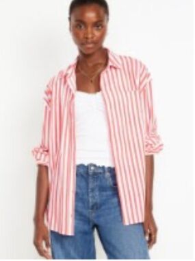 Old Navy Red and White Striped Men’s Button-Down Shirt, oversized and comfy